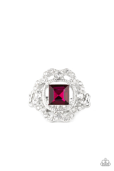 Candid Charisma - Pink Ring - Paparazzi Accessories An airy flower-petal frame encrusted with brilliant white rhinestones highlights a stunning square-cut pink gem. Set in silver pronged fittings the timeless gem sits center stage creating a charismatic display atop the finger. Features a dainty stretchy band for a flexible fit.  Sold as one individual ring.  New Kit