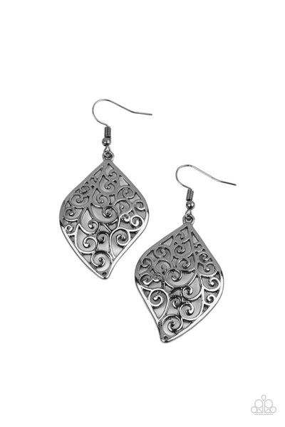 Your Vine Or Mine - Black Earrings - Paparazzi Accessories Gunmetal floral filigree vines permeate a refreshing leaf-shaped frame, creating a romantically idyllic lure. Earring attaches to a standard fishhook fitting.  Sold as one pair of earrings.  New Kit