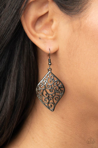 Your Vine Or Mine - Black Earrings - Paparazzi Accessories Gunmetal floral filigree vines permeate a refreshing leaf-shaped frame, creating a romantically idyllic lure. Earring attaches to a standard fishhook fitting.  Sold as one pair of earrings.  New Kit