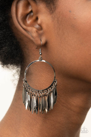 Radiant Chimes - Black Earrings - Paparazzi Accessories Flared flat bars stream out from the bottom of a glistening gunmetal hoop, creating a radiant fringe. Earring attaches to a standard fishhook fitting.  Sold as one pair of earrings.  New KitRadiant Chimes - Black Earrings - Paparazzi Accessories Flared flat bars stream out from the bottom of a glistening gunmetal hoop, creating a radiant fringe. Earring attaches to a standard fishhook fitting.  Sold as one pair of earrings.  New Kit