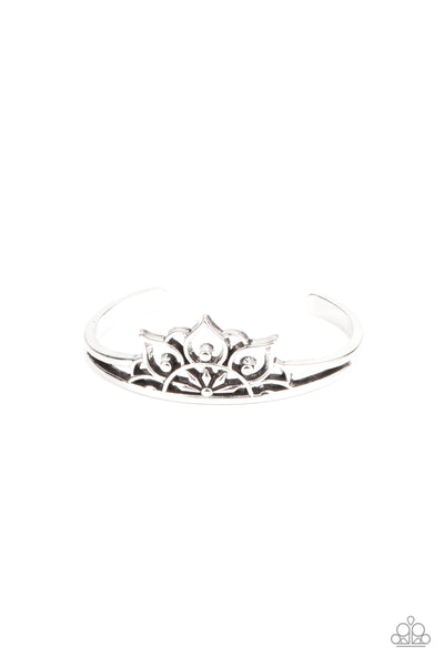 Mandala Mindfulness - Silver Bracelet - Paparazzi Accessories Brushed in an antiqued finish, an airy mandala-like frame crowns the top of a dainty silver cuff for a whimsically seasonal flair.  Sold as one individual bracelet.  New Kit