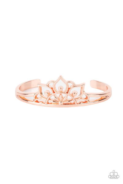 Mandala Mindfulness - Copper Bracelet - Paparazzi Accessories Brushed in a high sheen finish, an airy mandala-like frame crowns the top of a dainty shiny copper cuff for a whimsically seasonal flair.  Sold as one individual bracelet.  New Kit