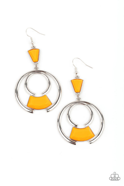 Deco Dancing - Orange Earrings - Paparazzi Accessories Bold silver circles create an eye-catching frame for a vibrant Marigold faceted bead. The trendy pendant sways from a Marigold triangular bead anchor for an embellished finish. Earring attaches to a standard fishhook fitting.  Sold as one pair of earrings.  New Kit