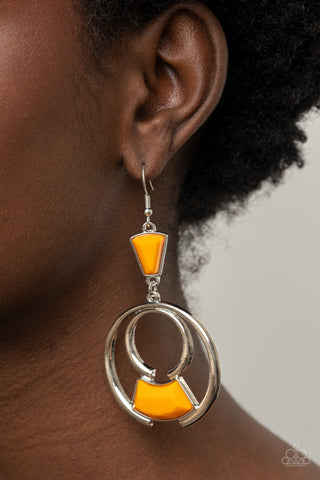 Deco Dancing - Orange Earrings - Paparazzi Accessories Bold silver circles create an eye-catching frame for a vibrant Marigold faceted bead. The trendy pendant sways from a Marigold triangular bead anchor for an embellished finish. Earring attaches to a standard fishhook fitting.  Sold as one pair of earrings.  New Kit