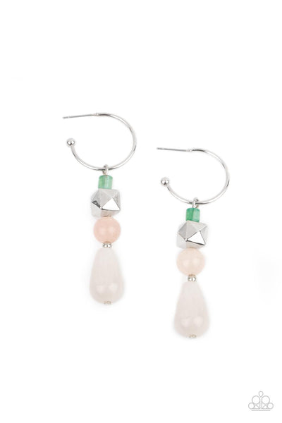 Boulevard Stroll - Multi Hoop Earrings - Paparazzi Accessories A charismatic collection of jade, pink, and white stone beads, accented with a silver faceted square bead, are threaded onto a silver pin which dangles from a dainty silver hoop. Earring attaches to a standard post fitting. Hoop measures approximately 3/4" in diameter.  Sold as one pair of hoop earrings.  New Kit