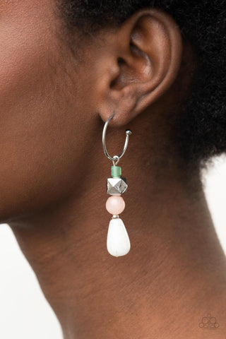 Boulevard Stroll - Multi Hoop Earrings - Paparazzi Accessories A charismatic collection of jade, pink, and white stone beads, accented with a silver faceted square bead, are threaded onto a silver pin which dangles from a dainty silver hoop. Earring attaches to a standard post fitting. Hoop measures approximately 3/4" in diameter.  Sold as one pair of hoop earrings.  New Kit