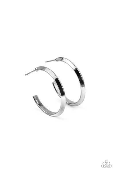 On The Brink - Black Earrings - Paparazzi Accessories A raised spine on a shiny gunmetal hoop creates a dramatic finish to the simple design. Earring attaches to a standard post fitting. Hoop measures approximately 1" in diameter.  Sold as one pair of hoop earrings.  New Kit