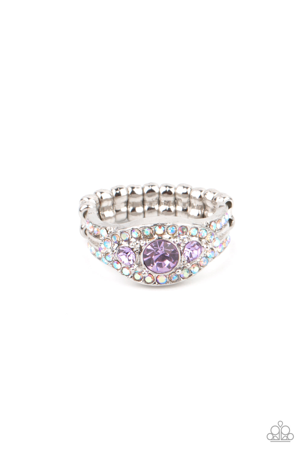 Celestial Crowns - Purple Ring - Paparazzi Accessories A trio of brilliant Amethyst Orchid rhinestones are set inside a glittering rhinestone encrusted frame creating a divinely heavenly essence atop the finger. Features a dainty stretchy band for a flexible fit.  Sold as one individual ring.  New Kit