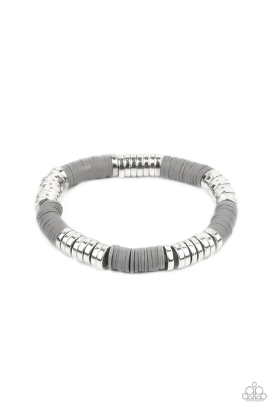 Stacked In Your Favor - Silver Bracelet - Paparazzi Accessories  Stacks of rubbery gray discs and bold silver rings are threaded along a stretchy band around the wrist, creating a versatile pop of color.  Sold as one individual bracelet.  New Kit