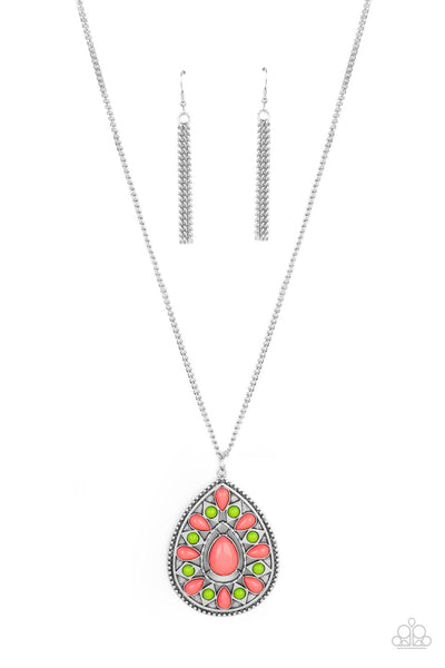 Retro Prairies - Multi Necklace - Paparazzi Accessories A dainty collection of round green and teardrop pink beads flair out from an oversized pink teardrop bead across the front of an ornate frame. Embossed and cutout in geometric patterns, the tribal inspired pendant swings from the bottom of a lengthened silver chain for a dramatic pop of color. Features an adjustable clasp closure.  Sold as one individual necklace. Includes one pair of matching earrings.  New Kit