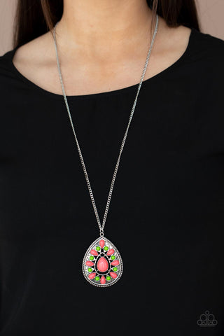 Retro Prairies - Multi Necklace - Paparazzi Accessories A dainty collection of round green and teardrop pink beads flair out from an oversized pink teardrop bead across the front of an ornate frame. Embossed and cutout in geometric patterns, the tribal inspired pendant swings from the bottom of a lengthened silver chain for a dramatic pop of color. Features an adjustable clasp closure.  Sold as one individual necklace. Includes one pair of matching earrings.  New Kit