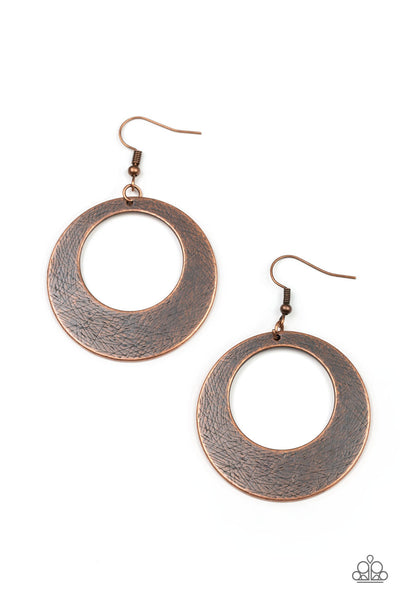 Outer Plains - Copper Earrings - Paparazzi Accessories Brushed in an antiqued shimmer, a round copper frame is scratched in a gritty linear pattern for a rustic fashion. Earring attaches to a standard fishhook fitting.  Sold as one pair of earrings.