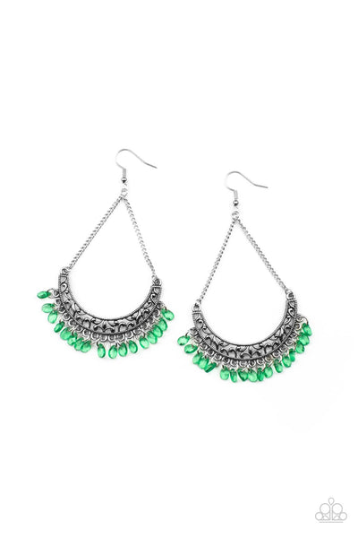 Orchard Odyssey - Green Earrings - Paparazzi Accessories Suspended by two silver chains, a half moon silver frame filled with vine-like filigree gives way to a dainty fringe of glassy Mint teardrop beads for an enchanting fashion. Earring attaches to a standard fishhook fitting.  Sold as one pair of earrings.  New Kit