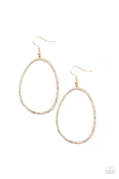 OVAL-ruled! - Gold Earrings - Paparazzi Accessories Dotted in dainty white rhinestones, an asymmetrical oval gold frame swings from the ear for a sassy look. Earring attaches to a standard fishhook fitting.  Sold as one pair of earrings.  New Kit