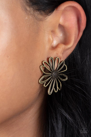 Artisan Arbor - Brass Post Earrings - Paparazzi Accessories Airy brass petals bloom from a studded brass center, creating a rustic flower. Earring attaches to a standard post fitting.  Sold as one pair of post earrings.  New Kit