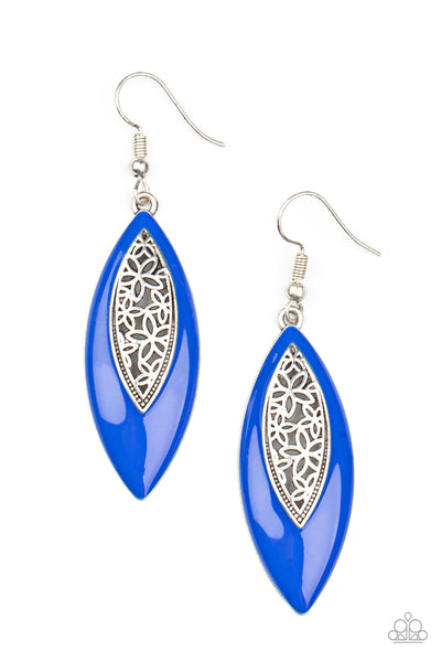 Venetian Vanity - Blue Earrings - Paparazzi Accessories Asymmetrically bordered in a bright Mykonos Blue frame, airy silver filigree blooms along the center of a colorful lure for a seasonal flair. Earring attaches to a standard fishhook fitting.  Sold as one pair of earrings.  New Kit