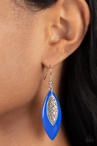 Venetian Vanity - Blue Earrings - Paparazzi Accessories Asymmetrically bordered in a bright Mykonos Blue frame, airy silver filigree blooms along the center of a colorful lure for a seasonal flair. Earring attaches to a standard fishhook fitting.  Sold as one pair of earrings.  New Kit