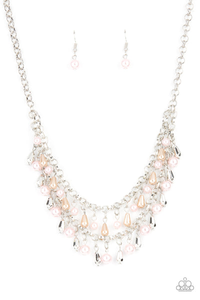 Big Money - Multi Necklace - Paparazzi Accessories A glamorous collection of bubbly pink pearls, faceted silver beads, and pearly brown teardrop beads alternate along two strands of chunky silver chains, creating a flirtatious fringe below the collar. Features an adjustable clasp closure.  Sold as one individual necklace. Includes one pair of matching earrings.  New Kit