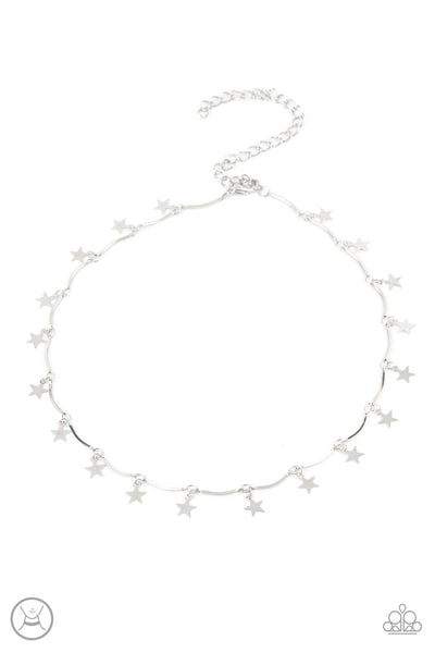 Little Miss Americana - Silver Necklace - Paparazzi Accessories A collection of dainty silver stars and curved silver bars delicately connect around the neck, creating a stellar fringe. Features an adjustable clasp closure.  Sold as one individual necklace. Includes one pair of matching earrings.  New Kit Get The Complete Look! Bracelet: "Party in the USA - Silver" (Sold Separately)