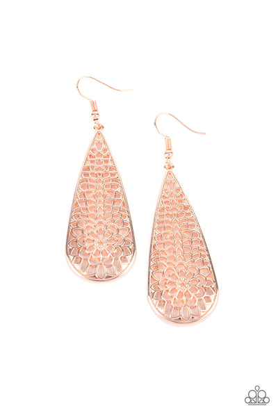 Posy Pasture - Rose Gold Earrings - Paparazzi Accessories A mesmerizing explosion of shiny rose gold filigree petals bursts inside an oversized teardrop frame creating a dreamy nature inspired lure. Earring attaches to a standard fishhook fitting.  Sold as one pair of earrings.