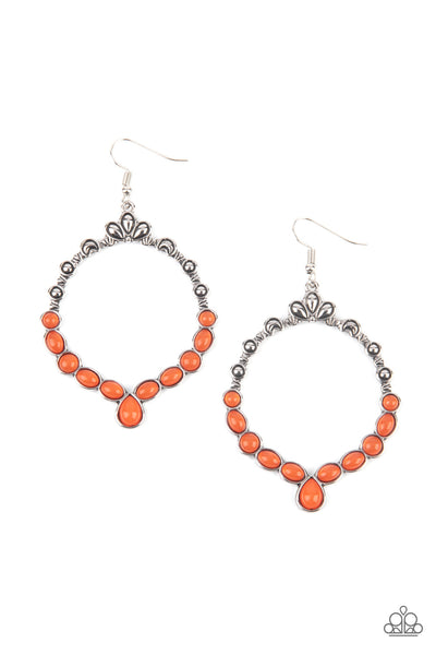 Thai Treasures - Orange Earrings - Paparazzi Accessories Ornate floral motifs decorate the top half of an airy circular silver frame. A row of dewy orange oval and round beads creates a border along the lower half of the frame, culminating in a single teardrop accent for a demurely enchanting lure. Earring attaches to a standard fishhook fitting.  Sold as one pair of earrings.  New Kit