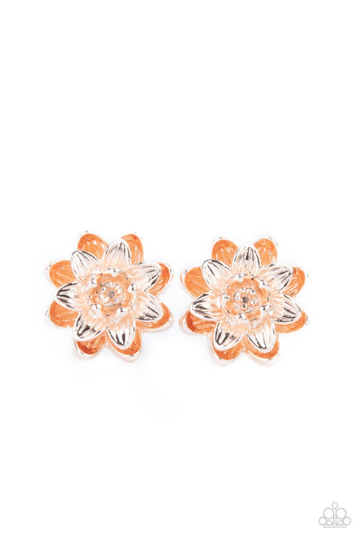 Water Lily Love - Rose Gold Earrings - Paparazzi Accessories Layers of rose gold petals brushed in varying finishes burst forth in brilliant blooms creating an eye-catching three-dimensional shimmer. Earring attaches to a standard post fitting.  Sold as one pair of post earrings.  New Kit