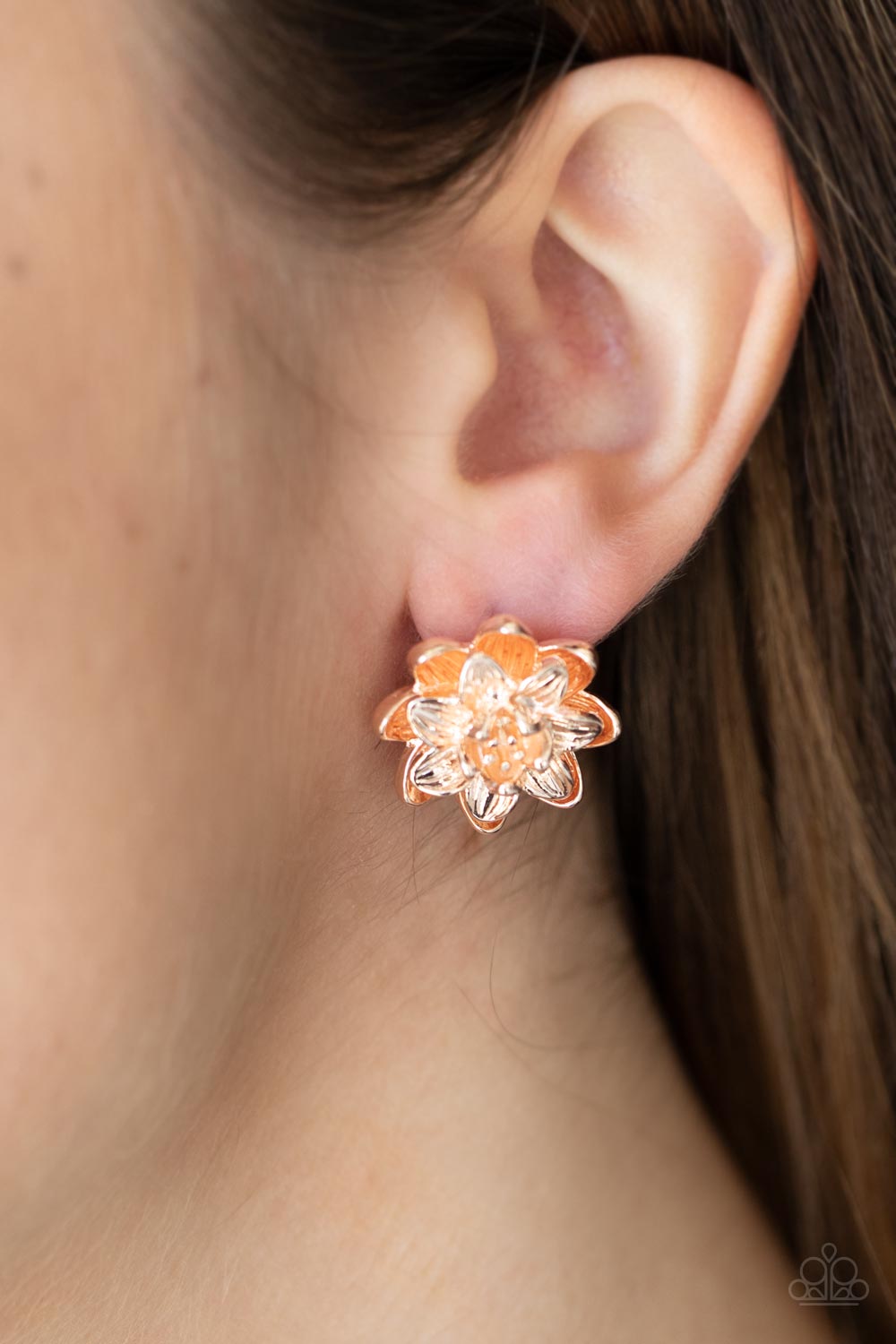 Water Lily Love - Rose Gold Earrings - Paparazzi Accessories Layers of rose gold petals brushed in varying finishes burst forth in brilliant blooms creating an eye-catching three-dimensional shimmer. Earring attaches to a standard post fitting.  Sold as one pair of post earrings.  New Kit