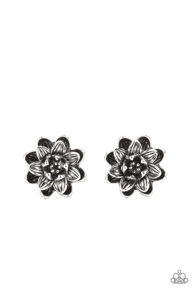 Water Lily Love - Silver Earrings - Paparazzi Accessories Layers of antiqued silver petals brushed in varying finishes burst forth in brilliant blooms creating an eye-catching three-dimensional display. Earring attaches to a standard post fitting.  Sold as one pair of post earrings.  New Kit