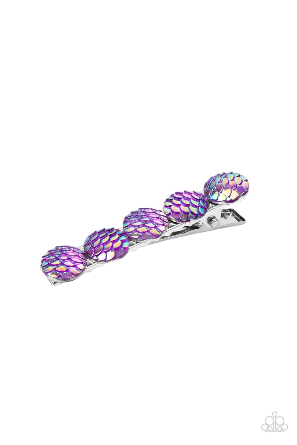 Mesmerizingly Mermaid - Purple Hair Clip - Paparazzi Accessories Brushed in an iridescent finish, a row of purple scale-like beads adorn the front of a rectangular silver frame for a Mer-mazing finish. Features a standard hair clip on the back.  Sold as one individual hair clip.  New Kit