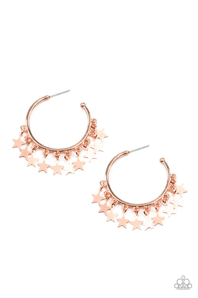 Happy Independence Day - Copper Hoop Earrings - Paparazzi Accessories A collection of shiny copper star charms trickles from the bottom of a shiny copper hoop, creating a stellar fringe. Earring attaches to a standard post fitting. Hoop measures approximately 1 1/4" in diameter.  Sold as one pair of hoop earrings.  New Kit