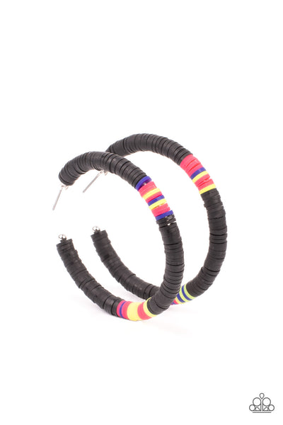 Colorfully Contagious - Black Earrings - Paparazzi Accessories Rubbery black, pink, blue, and yellow bands are threaded along an oversized silver hoop, creating a courageous pop of color. Earring attaches to a standard post fitting. Hoop measures approximately 2 1/4" in diameter.  Sold as one pair of hoop earrings.  New Kit