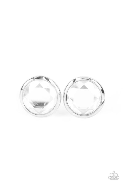 Double-Take Twinkle - White Post Earrings - Paparazzi Accessories Featuring a flashy faceted finish, an oversized white gem is pressed into a sleek silver fitting for a dramatic pop of dazzle. Earring attaches to a standard post fitting.  Sold as one pair of post earrings.  New Kit