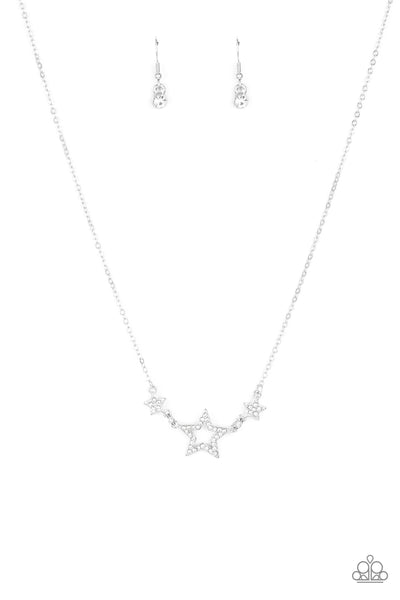 United We Sparkle - White Necklace - Paparazzi Accessories A white rhinestone encrusted silver star is flanked by two dainty white rhinestone encrusted silver stars, creating a sparkly patriotic pendant below the collar. Features an adjustable clasp closure.  Sold as one individual necklace. Includes one pair of matching earrings.  New Kit