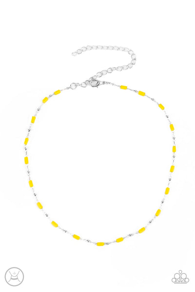 Urban Expo - Yellow Choker Necklace - Paparazzi Accessories Dainty silver beads and cylindrical Illuminating beads delicately link around the neck, creating a minimalist inspired pop of color. Features an adjustable clasp closure.  Sold as one individual choker necklace. Includes one pair of matching earrings.  New Kit Choker