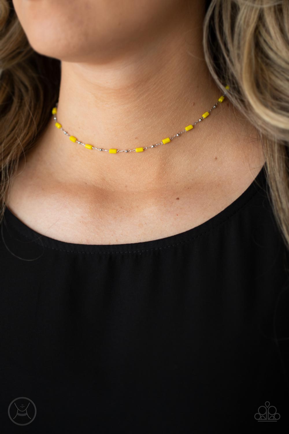 Urban Expo - Yellow Choker Necklace - Paparazzi Accessories Dainty silver beads and cylindrical Illuminating beads delicately link around the neck, creating a minimalist inspired pop of color. Features an adjustable clasp closure.  Sold as one individual choker necklace. Includes one pair of matching earrings.  New Kit Choker