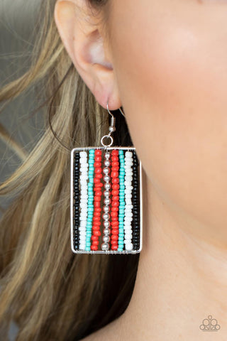 Beadwork Wonder - Red Earrings - Paparazzi Accessories Infused with classic silver beads, rows of black, white, blue, and red seed beads are threaded along metal rods inside a rectangular frame for a colorful artisan inspired look. Earring attaches to a standard fishhook fitting.  Sold as one pair of earrings.  New Kit