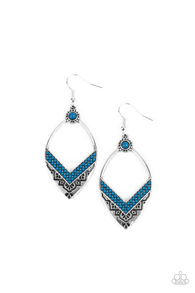 Indigenous Intentions - Blue Earrings - Paparazzi Accessories Two rows of Mykonos Blue seed beads create a V at the bottom of an airy silver frame embossed and stamped in indigenous inspired patterns. A matching Mykonos Blue seed bead adorns the top of the frame, adding additional color to the seasonal display. Earring attaches to a standard fishhook fitting.  Sold as one pair of earrings.  New Kit