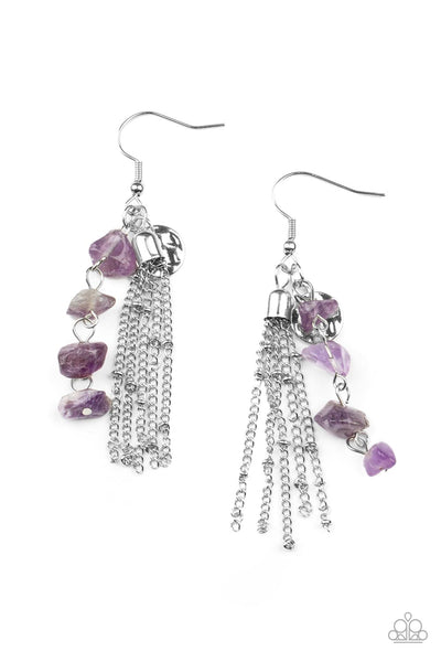 Stone Sensation - Purple Earrings - Paparazzi Accessories A hammered silver disc, silver chain tassel, and strand of raw cut amethyst rock beads delicately stream from the ear, creating an earthy fringe. Earring attaches to a standard fishhook fitting.  Sold as one pair of earrings.  New Kit