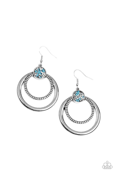 Spun Out Opulence - Blue Earrings - Paparazzi Accessories Smooth and textured silver hoops connect to the bottom of a silver fitting embellished in glitzy blue and hematite rhinestones, creating a dizzying lure. Earring attaches to a standard fishhook fitting.  Sold as one pair of earrings.  New Kit