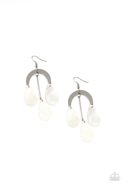 Atlantis Ambience - White Earrings - Paparazzi Accessories  White shell-like teardrops trickle from the bottom of a silver rod and silver half moon frame, creating an ocean inspired chandelier. Earring attaches to a standard fishhook fitting.  Sold as one pair of earrings.