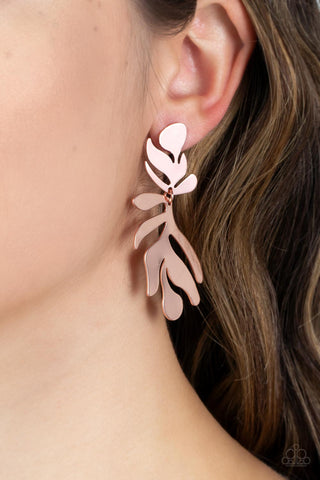 Palm Picnic - Copper Post Earrings - Paparazzi Accessories A flat and leafy shiny copper frame swings from the bottom of a matching fitting, creating a trendy seasonal lure. Earring attaches to a standard post fitting.  Sold as one pair of post earrings.  New Kit