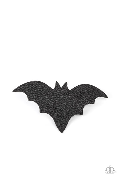 BAT to the Bone - Black Hair Clip - Paparazzi Accessories A black leather bat silhouette seemingly takes flight as it sits atop a silver clip creating an eerie illusion. Features a standard hair clip on the back.  Sold as one individual hair clip.  New Kit