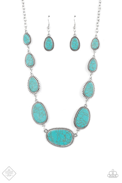 Elemental Eden - Blue Necklace - Paparazzi Accessories Encased in frames of flattened silver studs, pieces of flat turquoise stone teardrops and asymmetrical ovals gradually increase in size as they link below the collar for an artisan-inspired look. Features an adjustable clasp closure.  Sold as one individual necklace. Includes one pair of matching earrings.  New Kit Fashion Fix