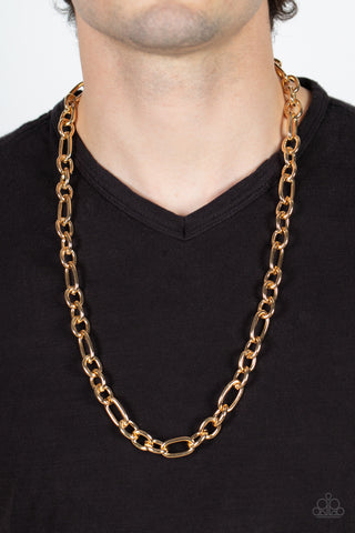 Ringside Throne - Gold Necklace - Paparazzi Accessories A hefty assortment of oversized gold links boldly interlock across the chest, creating an intense urban look. Features an adjustable clasp closure.  Sold as one individual necklace.  New Kit