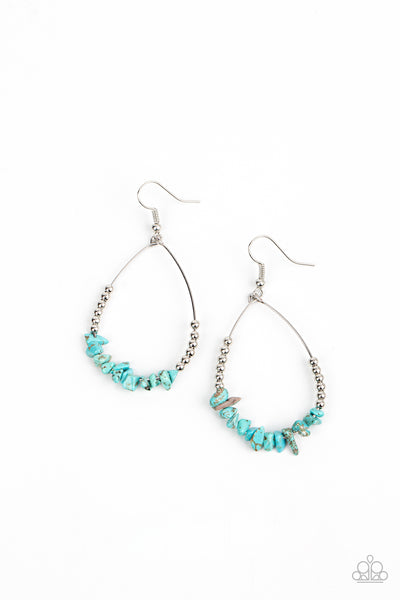 Come Out of Your SHALE - Blue Earrings - Paparazzi Accessories Dainty silver beads flank a row of refreshing turquoise rock beads along a dainty silver wire, creating an earthy teardrop frame. Earring attaches to a standard fishhook fitting.  Sold as one pair of earrings.  New Kit