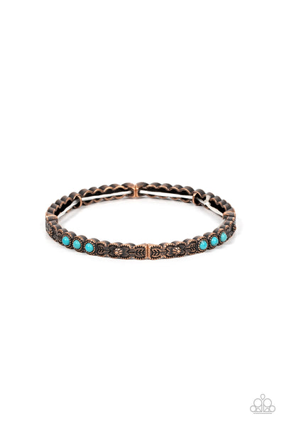 Living In The PASTURE - Copper Stretch Bracelet - Paparazzi Accessories Stamped and studded in floral and arrow patterns, dainty copper frames adorned in trios of smooth turquoise stones are threaded along stretchy bands around the wrist for a colorfully seasonal look.  Sold as one individual bracelet.