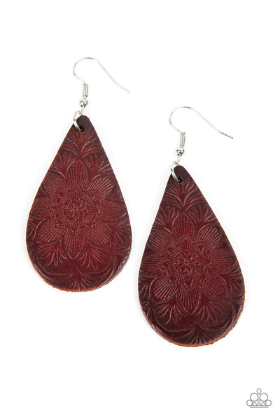 Subtropical Seasons - Brown Earrings - Paparazzi Accessories Embossed in a tropical floral pattern, a distressed brown leather teardrop swings from the ear for a whimsically rustic flair. Earring attaches to a standard fishhook fitting.  Sold as one pair of earrings.