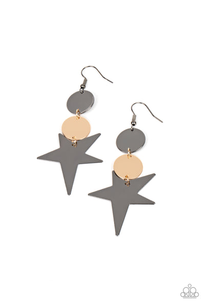 Star Bizarre - Multi Earrings - Paparazzi Accessories An asymmetrical gunmetal star radiates from two linked flat gold and gunmetal discs, resulting in a stellar lure. Earring attaches to a standard fishhook fitting.  Sold as one pair of earrings.  New Kit