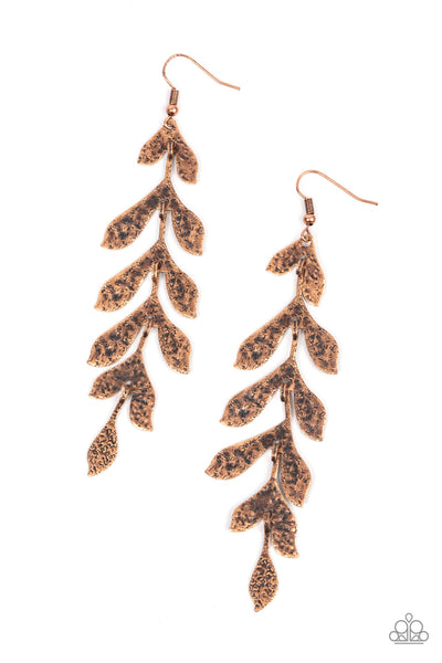 Lead From the FROND - Copper Earrings - Paparazzi Accessories Hammered in a rustic finish, antiqued copper frames delicately link into a leafy lure for a seasonal inspired style. Earring attaches to a standard fishhook fitting.  Sold as one pair of earrings.  New Kit