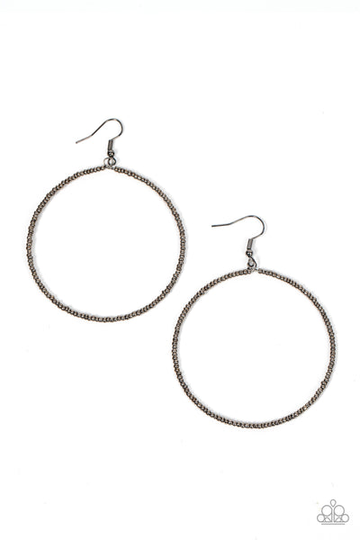 Basically Beaded - Black Earrings - Paparazzi Accessories Dainty gunmetal seed beads are delicately threaded along a gunmetal wire hoop, creating a causal pop of metallic shimmer. Earring attaches to a standard fishhook fitting.  Sold as one pair of earrings.  New Kit